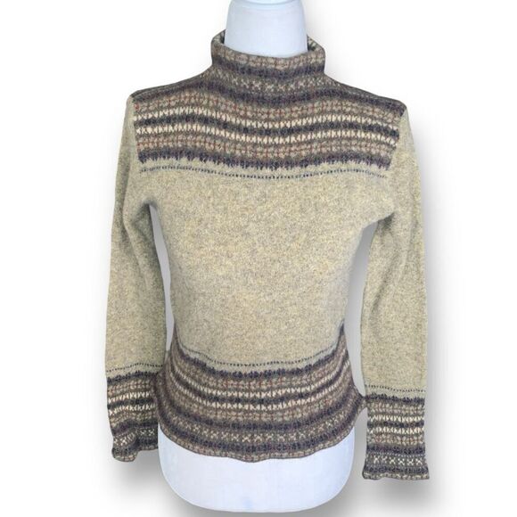 Vintage 90s Sweater Wool Cropped Neutral Knit Pullover Fair Isle Turtleneck XS - Picture 1 of 9